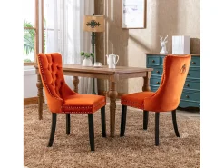 Juego de 2 sillas de terciopelo - Patas de madera y clavos decorativos - Color naranja