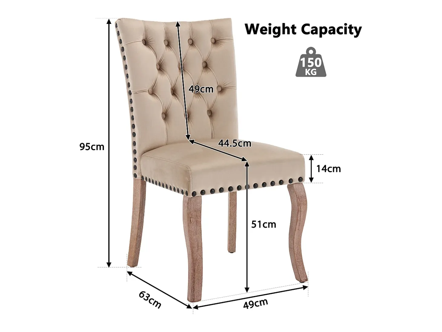 Juego de 2 sillas de terciopelo camel claro con patas de madera curvadas y remaches negros.