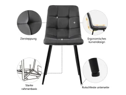Juego de 4 sillas de terciopelo - Diseño ergonómico, estructura de metal, patas de metal, color gris