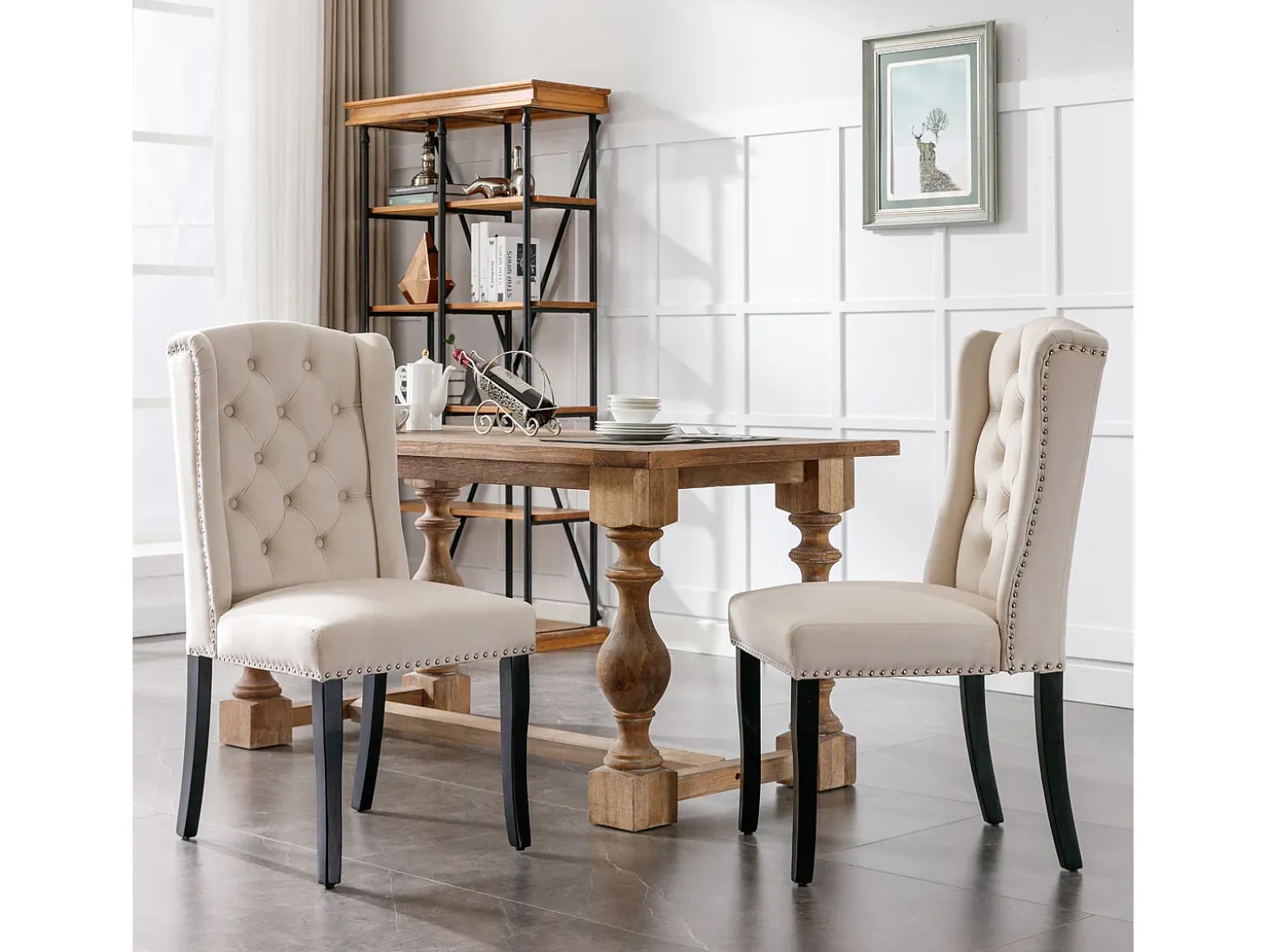 Juego de 6 sillas de terciopelo con patas de roble – beige