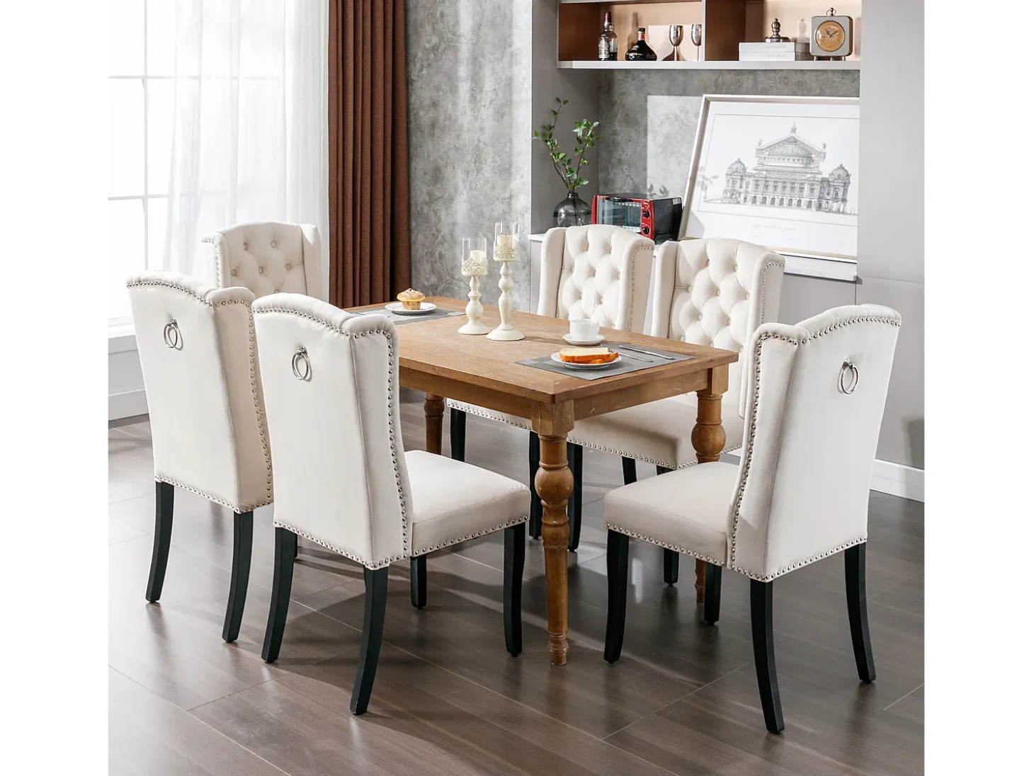 Juego de 6 sillas de terciopelo con patas de roble – beige