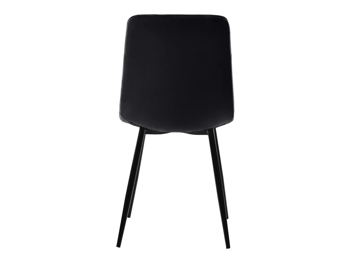 Juego de 4 sillas de terciopelo negro con patas de metal negro.