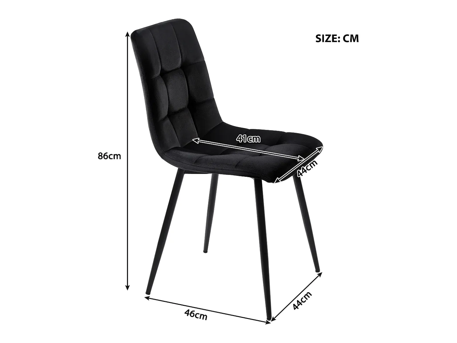 Juego de 4 sillas de terciopelo negro con patas de metal negro.