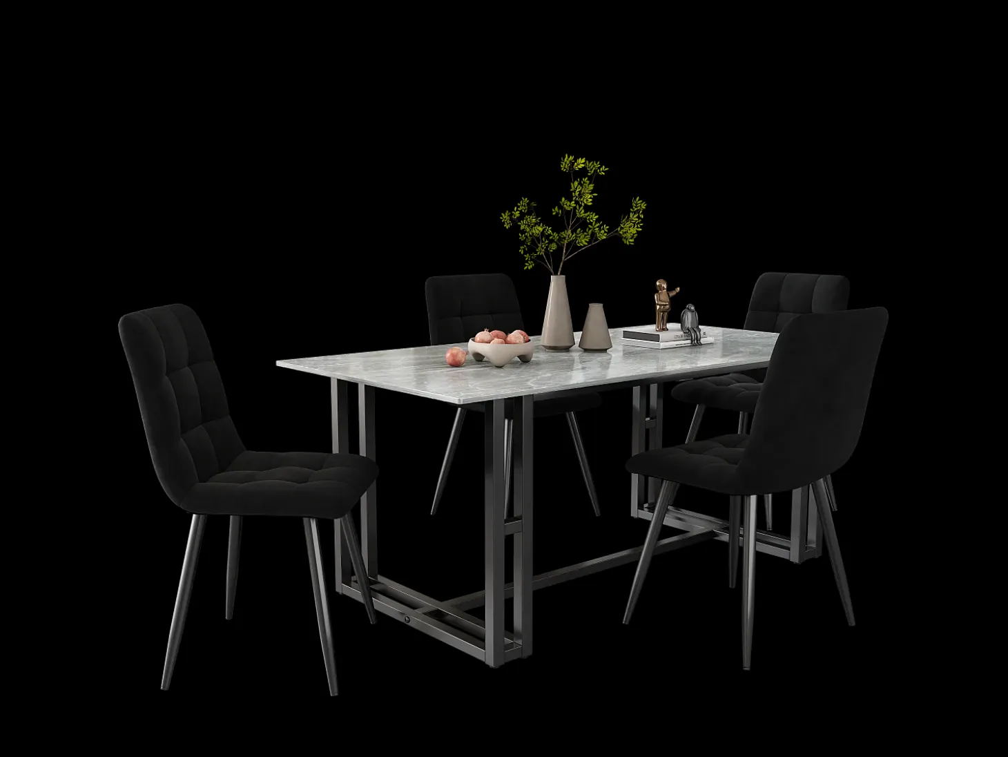 Juego de 4 sillas de terciopelo negro con patas de metal negro.