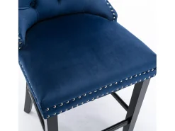 Juego de 2 sillas de terciopelo azul con botones capitoné y ribete de tachuelas, patas de madera