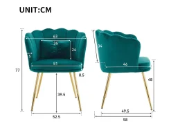 Juego de 4 sillas de terciopelo - con respaldo en forma de pétalo - patas de metal dorado - Verde abeto