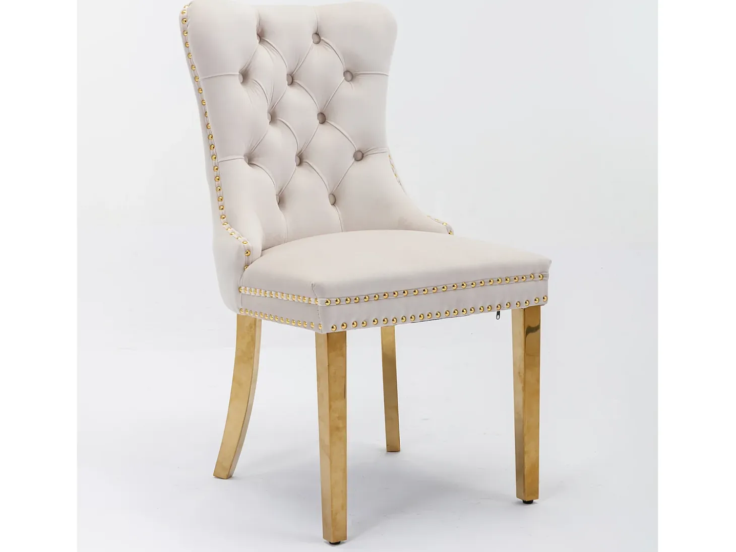 Juego de 2 sillas de terciopelo con patas de metal dorado - Ribete con tachuelas - Beige