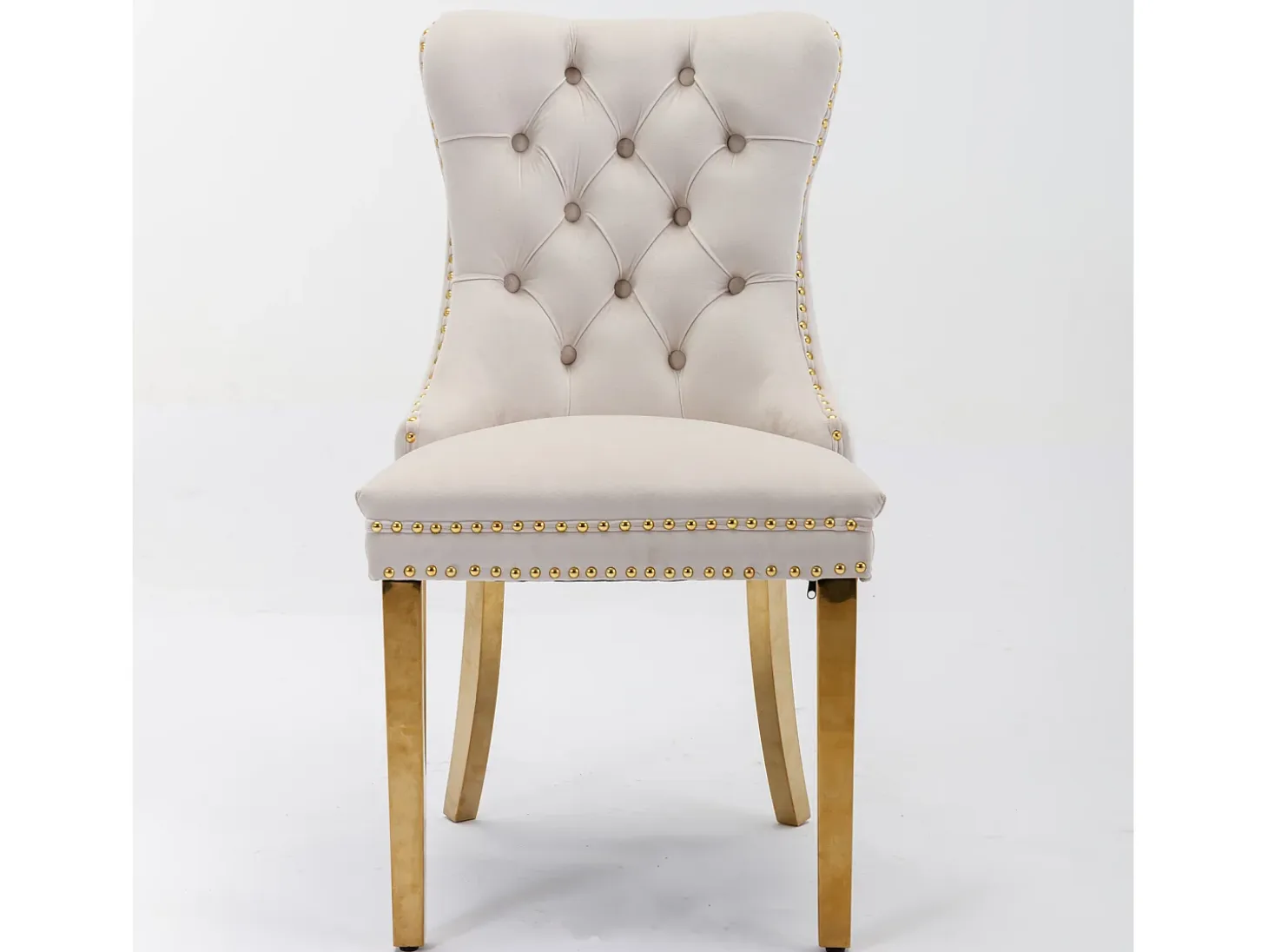 Juego de 2 sillas de terciopelo con patas de metal dorado - Ribete con tachuelas - Beige