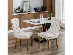 Juego de 2 sillas de terciopelo con patas de metal dorado - Ribete con tachuelas - Beige