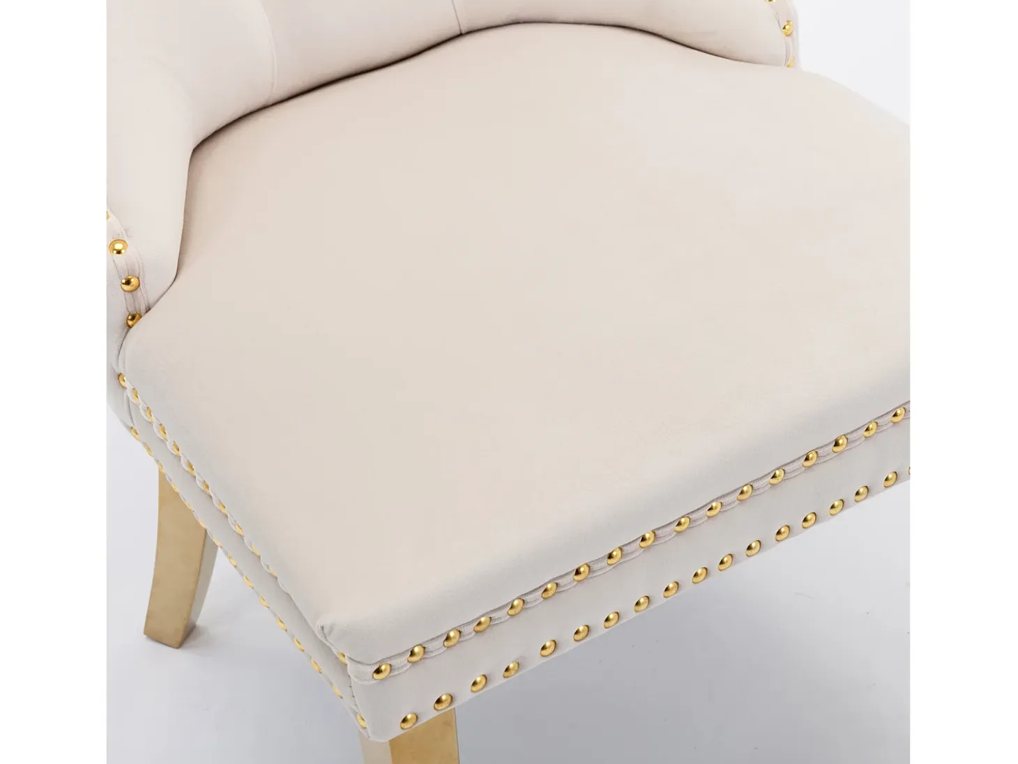 Juego de 2 sillas de terciopelo con patas de metal dorado - Ribete con tachuelas - Beige
