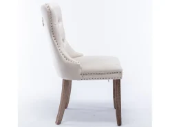 Juego de 2 sillas de terciopelo beige con capitoné y ribete tachonado, patas de madera