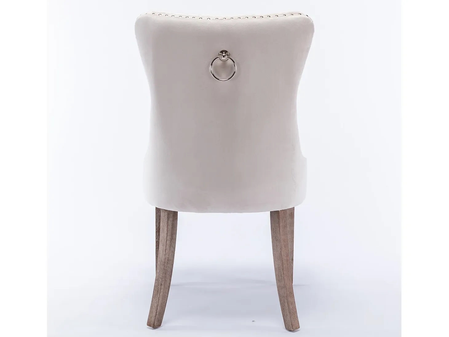 Juego de 2 sillas de terciopelo beige con capitoné y ribete tachonado, patas de madera