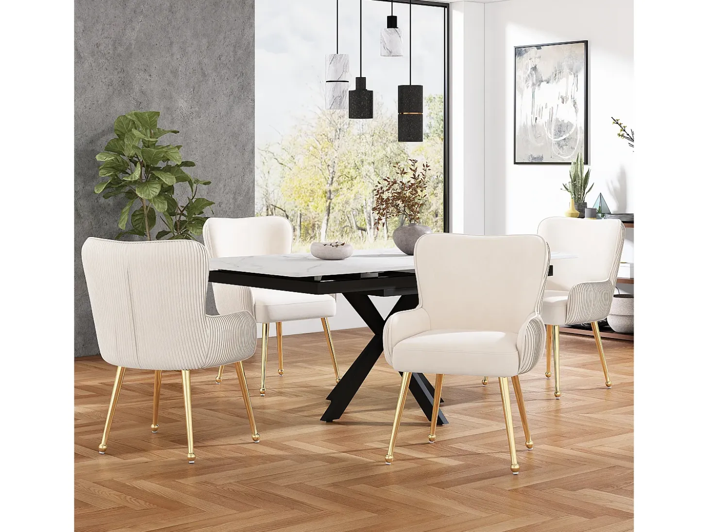 Juego de 4 sillas de terciopelo beige - Patas de metal dorado - Patas ajustables