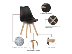 Juego de 4 Sillas Escandinavas Negras Sin Brazos, Patas de Madera Maciza, Asiento de Similpiel, Altura 43 cm