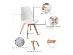 Juego de 4 sillas escandinavas blancas de diseño contemporáneo en madera maciza y carcasa de plástico con cojín cómodo