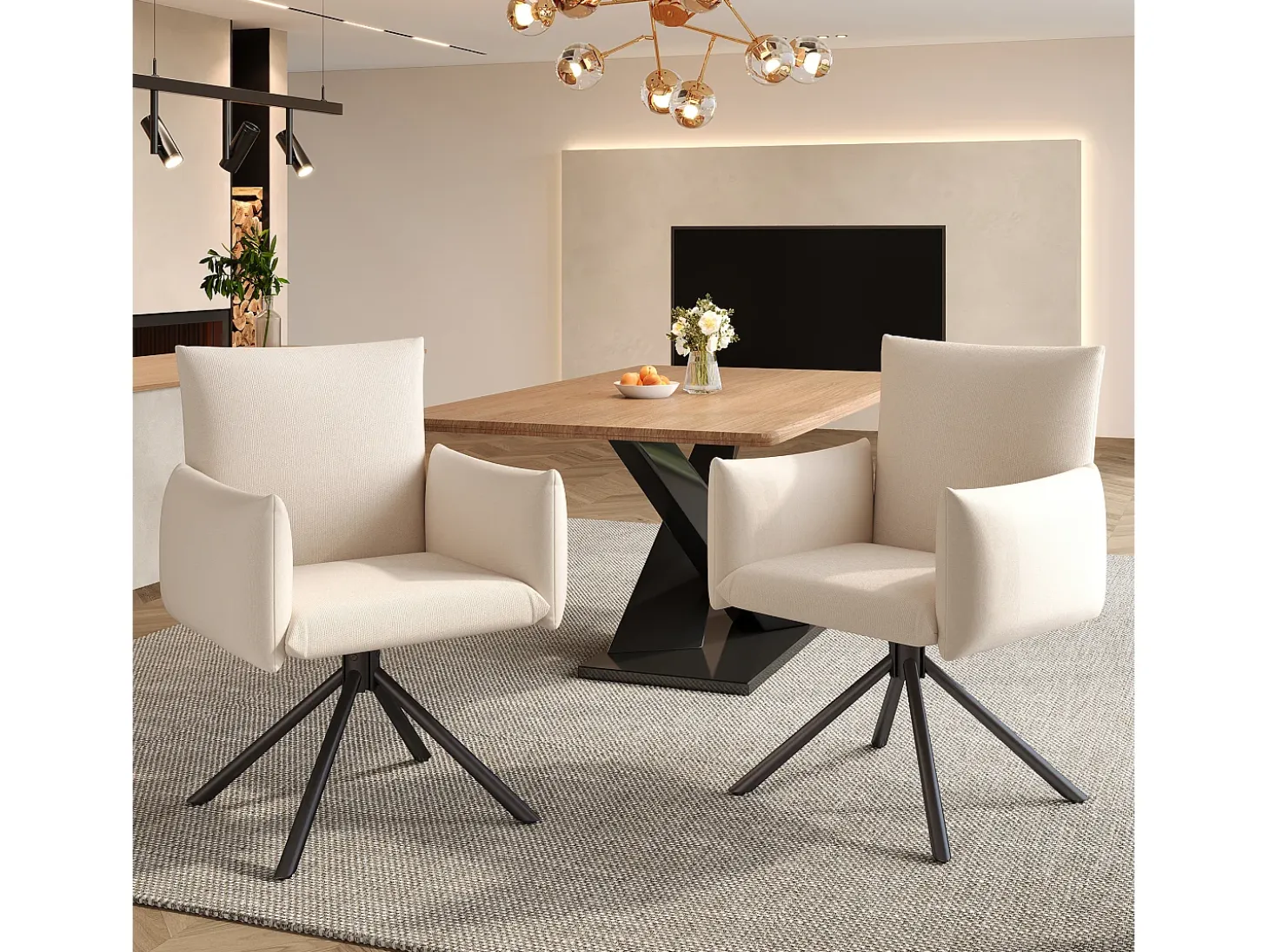 Juego de 4 sillas giratorias de lino beige con reposabrazos y patas de metal - para comedor y oficina