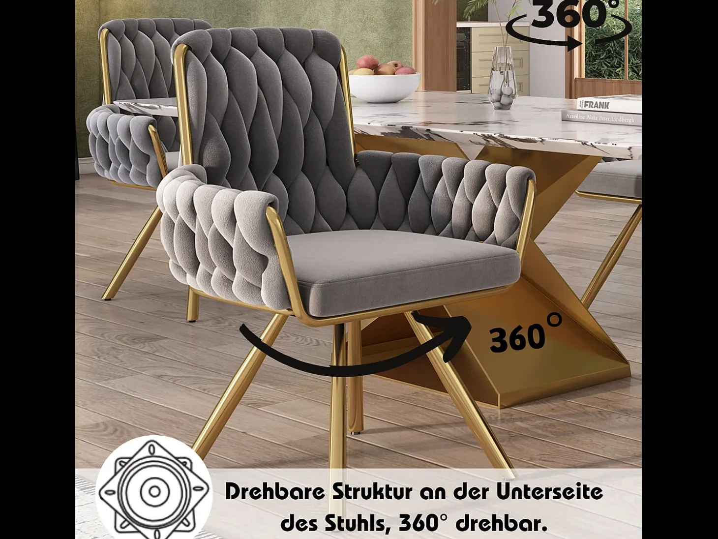 Juego de 4 sillas giratorias de terciopelo - 87 x 50 x 55 cm - Sillón con cuatro patas de metal - Gris