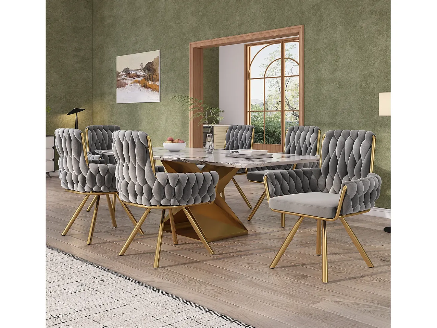 Juego de 4 sillas giratorias de terciopelo - 87 x 50 x 55 cm - Sillón con cuatro patas de metal - Gris