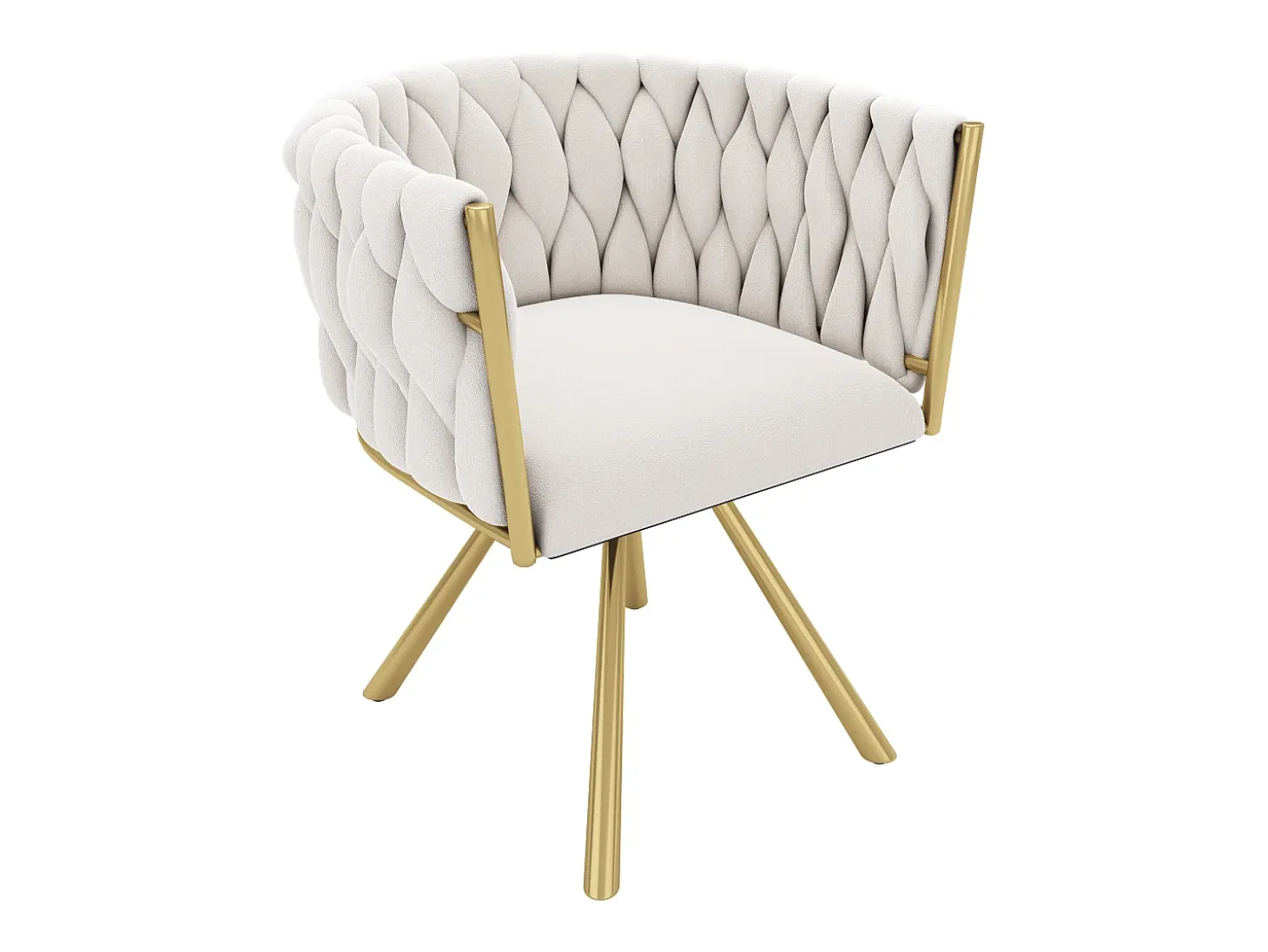 Juego de 4 sillas giratorias con patas de metal dorado y tapizadas en terciopelo beige.