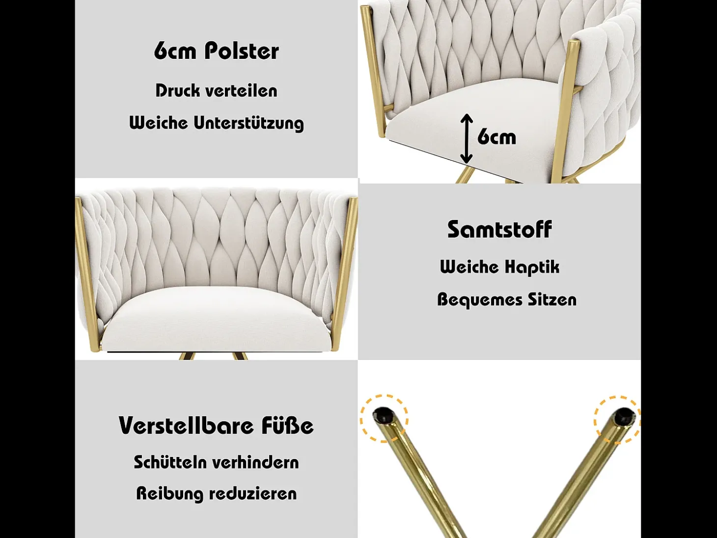 Juego de 4 sillas giratorias con patas de metal dorado y tapizadas en terciopelo beige.