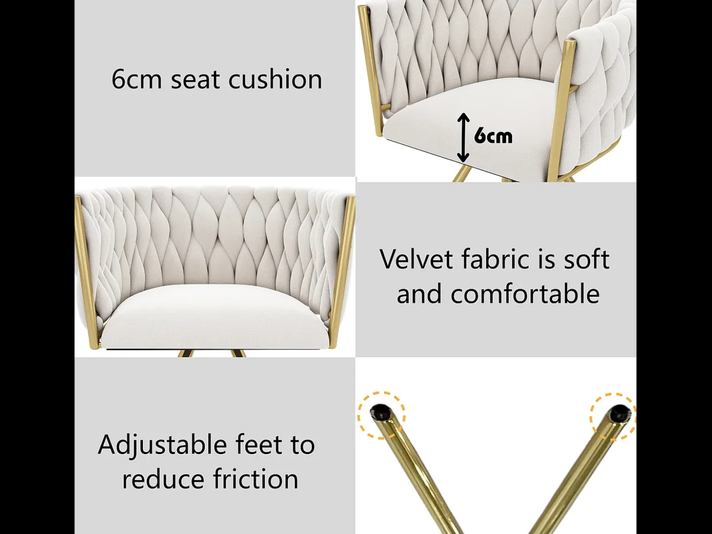 Juego de 6 sillas giratorias de terciopelo con reposabrazos - patas de metal dorado - Beige
