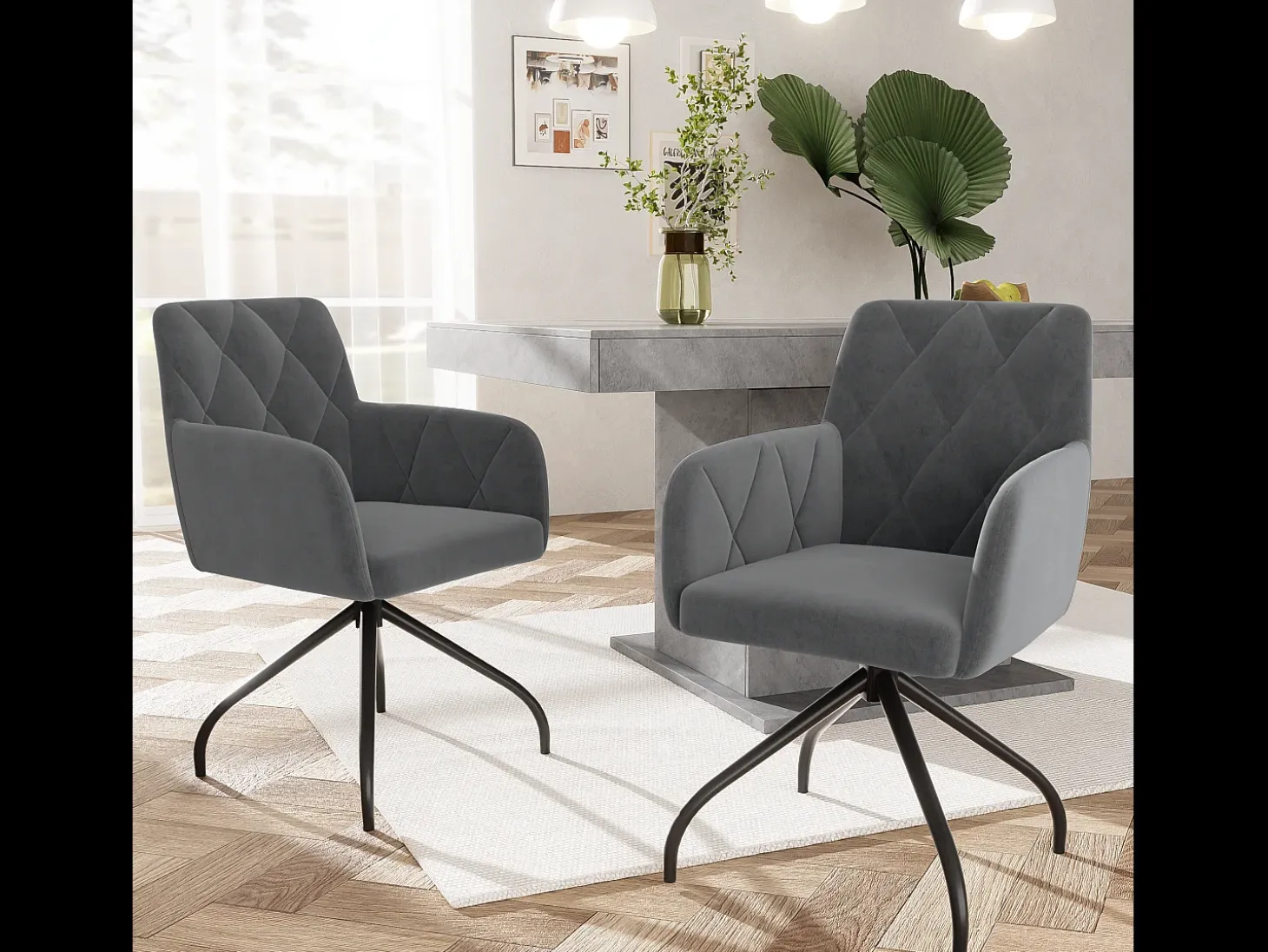 Juego de 6 sillas giratorias de terciopelo 360° - 85 x 60 x 46 cm - Sillón tapizado con 4 patas de metal - Negro