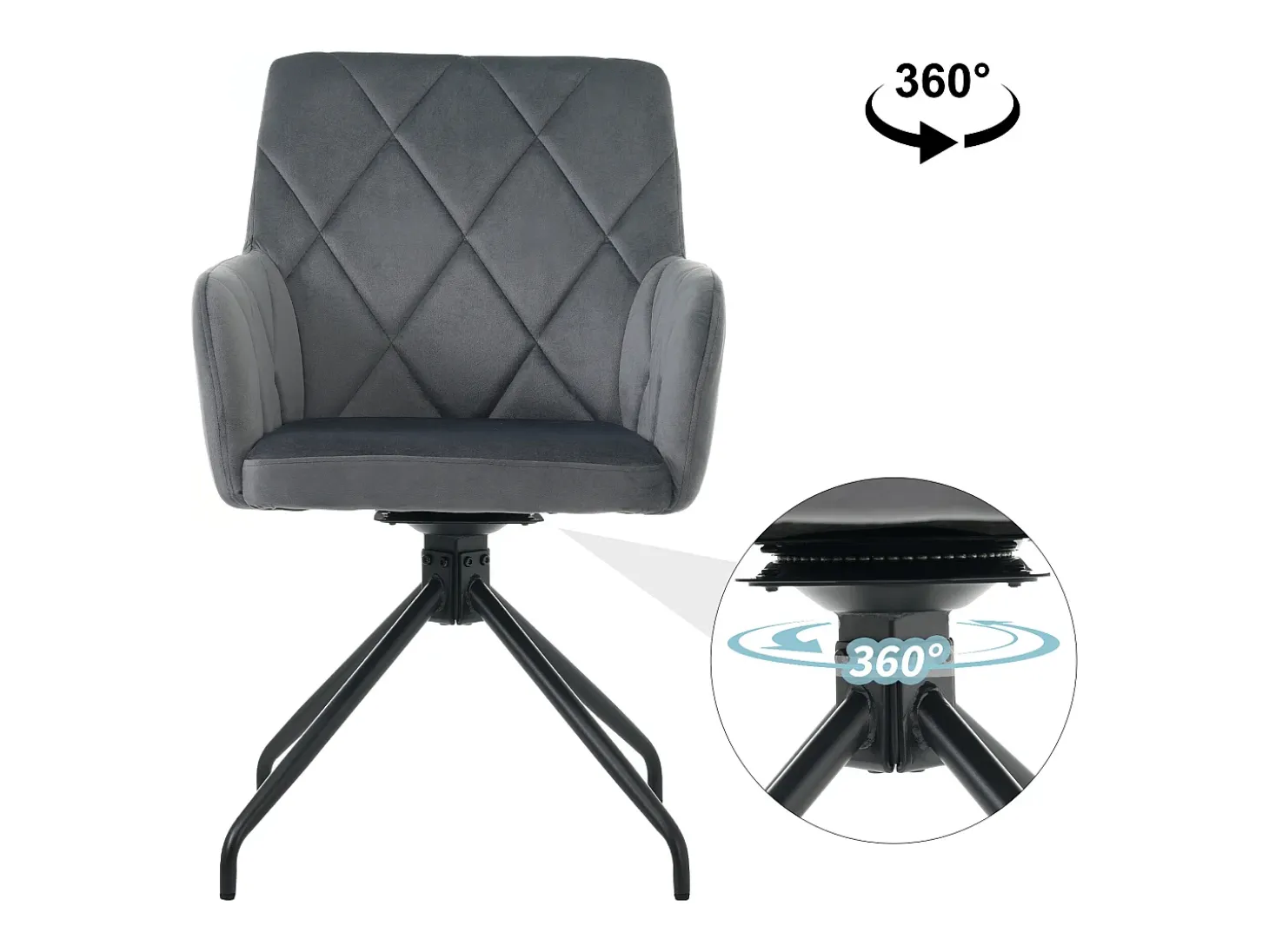 Juego de 6 sillas giratorias de terciopelo 360° - 85 x 60 x 46 cm - Sillón tapizado con 4 patas de metal - Negro