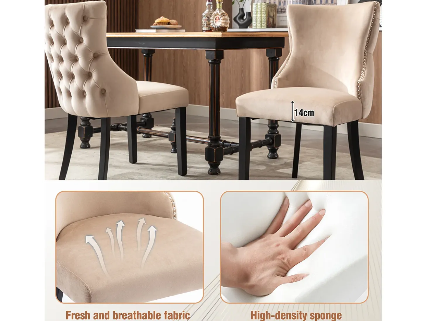 Juego de 4 sillas góndola de terciopelo - patas de madera maciza - Beige