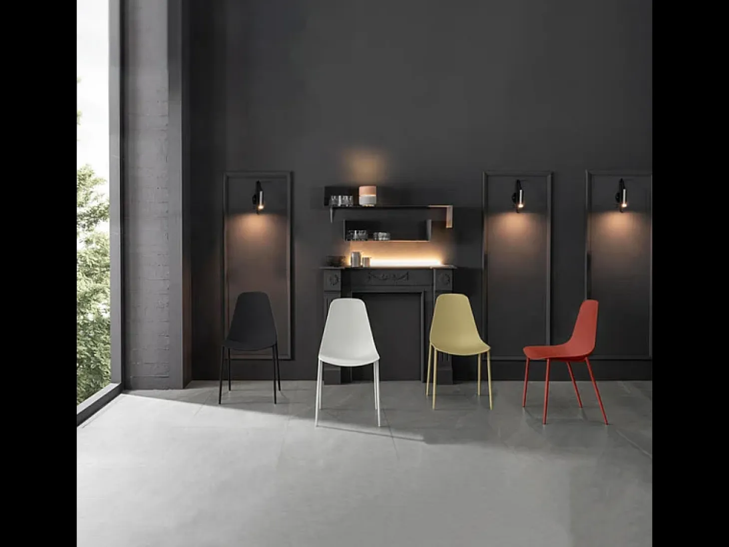 Juego de 2 sillas modernas de salón "Kate" de polipropileno amarillo con estructura de metal pintado.