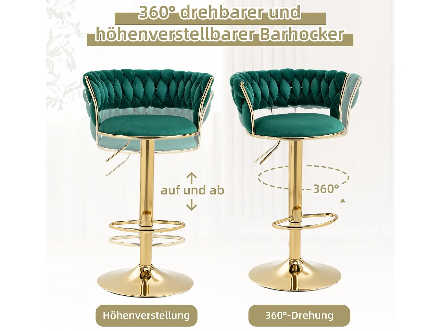 Juego de 2 taburetes de bar giratorios en terciopelo - Altura regulable - Verde esmeralda y dorado