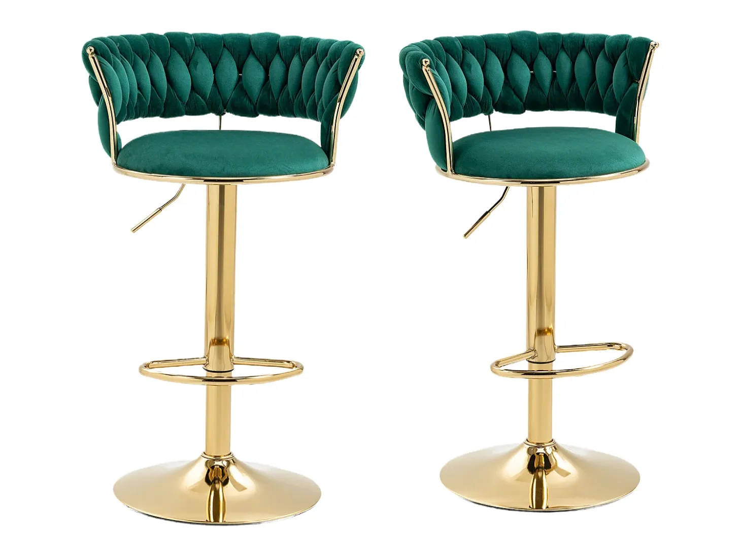 Juego de 2 taburetes de bar giratorios en terciopelo - Altura regulable - Verde esmeralda y dorado
