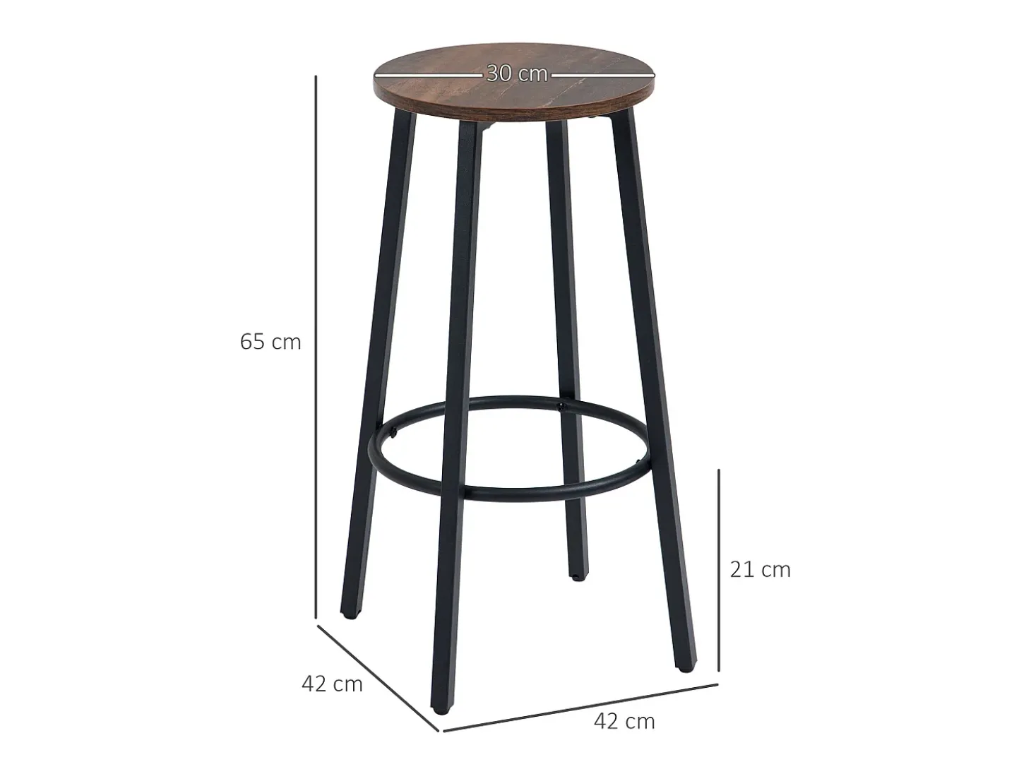 Juego de 2 taburetes de bar, diseño industrial, metal y madera, patas de acero, marrón (42 x 42 x 65 cm)
