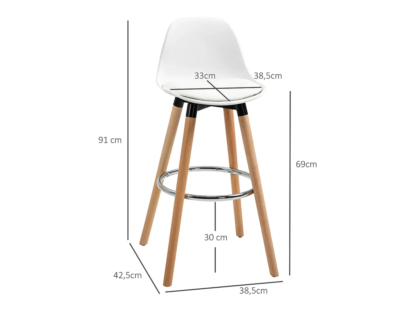 Juego de 2 taburetes de bar, taburetes de cocina con reposapiés, piel sintética, color blanco