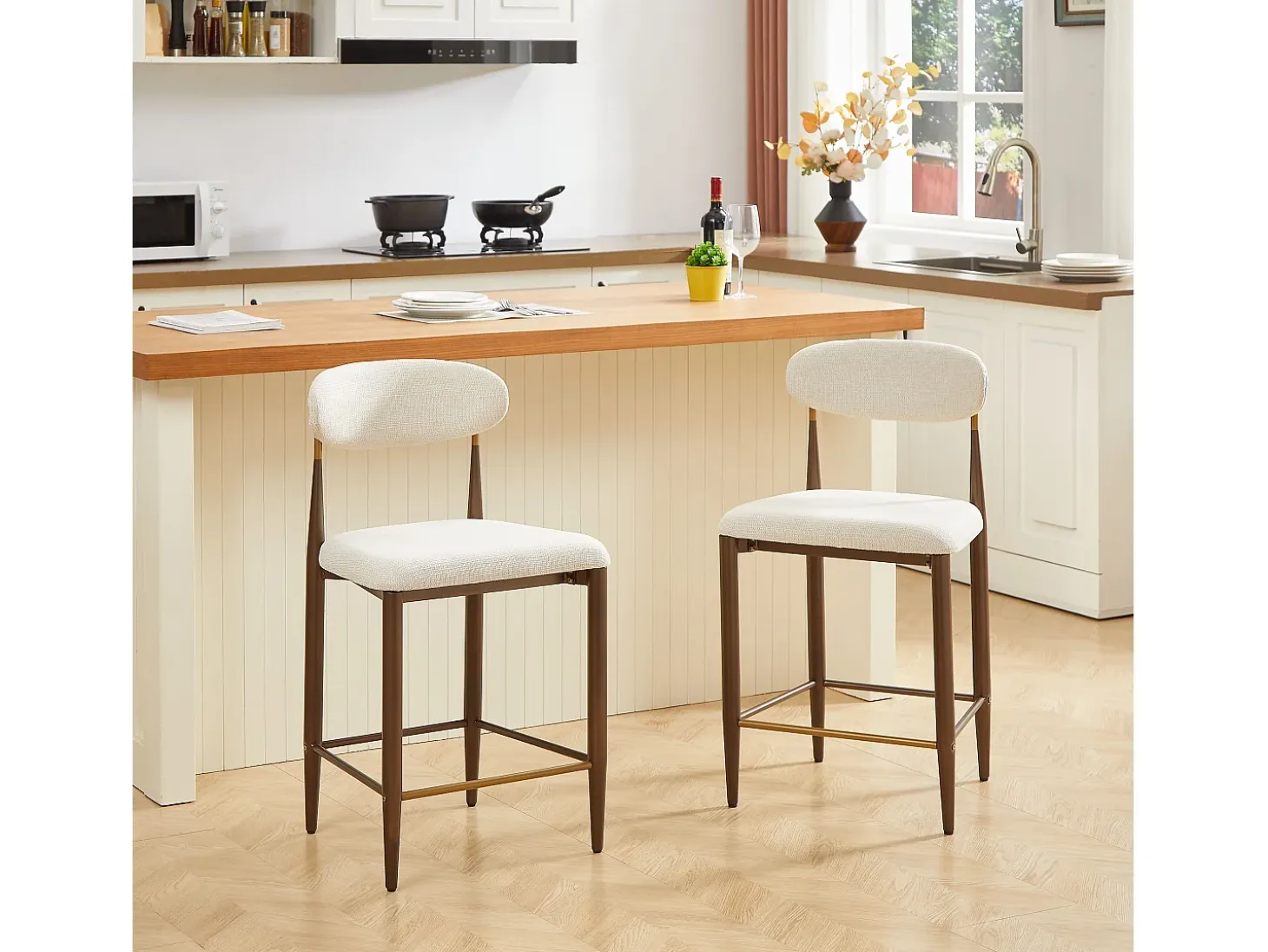 Juego de 2 taburetes de bar, 94 cm de alto - Estructura de metal marrón y dorado - Tela beige