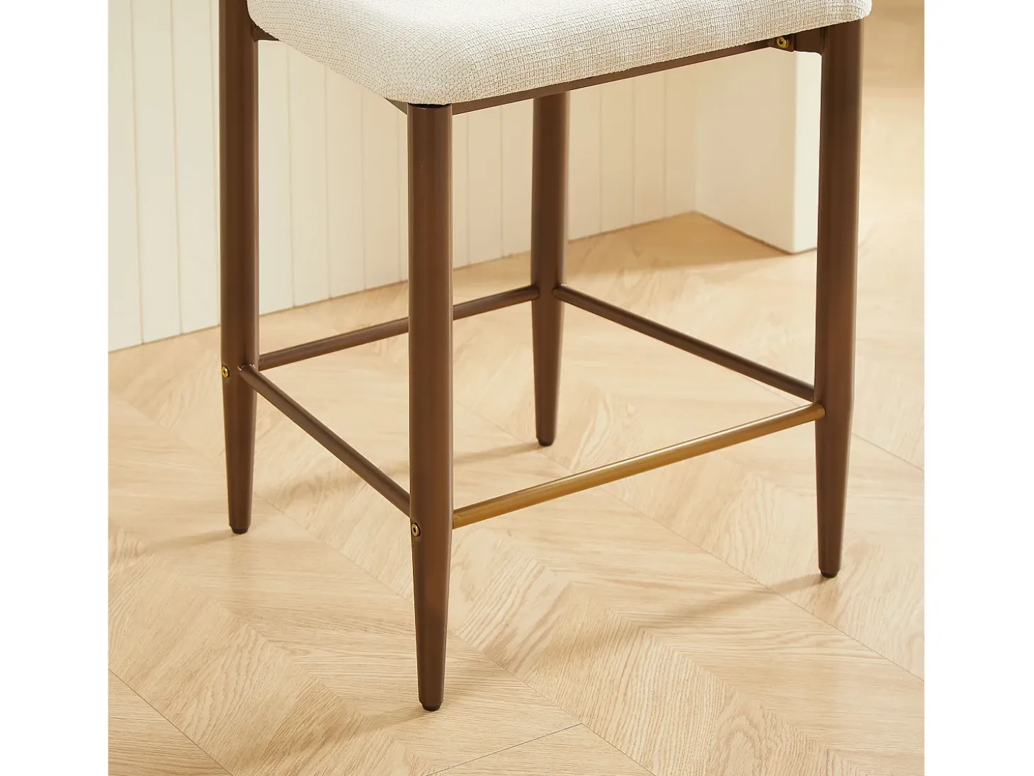Juego de 2 taburetes de bar, 94 cm de alto - Estructura de metal marrón y dorado - Tela beige