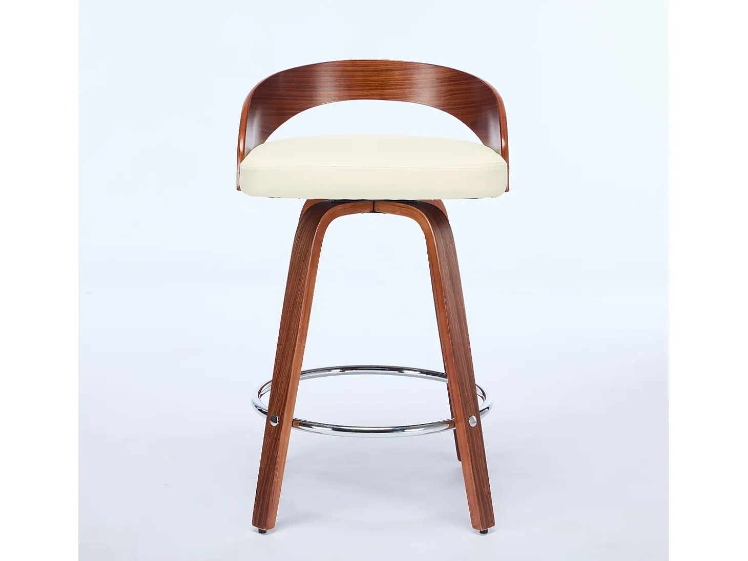 Juego de 2 taburetes de bar giratorios en PU con respaldo bajo - Beige y madera oscura