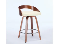 Juego de 2 taburetes de bar giratorios en PU con respaldo bajo - Beige y madera oscura