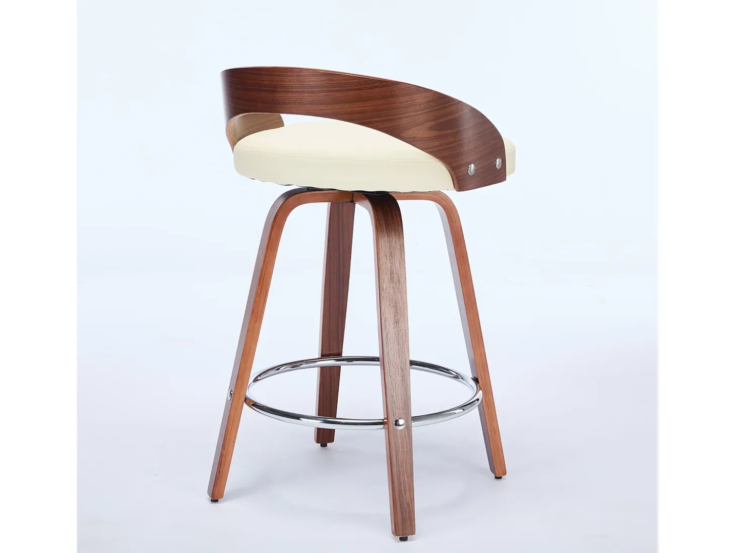 Juego de 2 taburetes de bar giratorios en PU con respaldo bajo - Beige y madera oscura