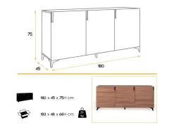 Kalieto Aparador de 3 puertas de madera marrón con patas de acero negro 180 cm