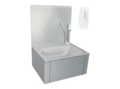 Lavabo de acero inoxidable con grifo y dispensador de jabón.