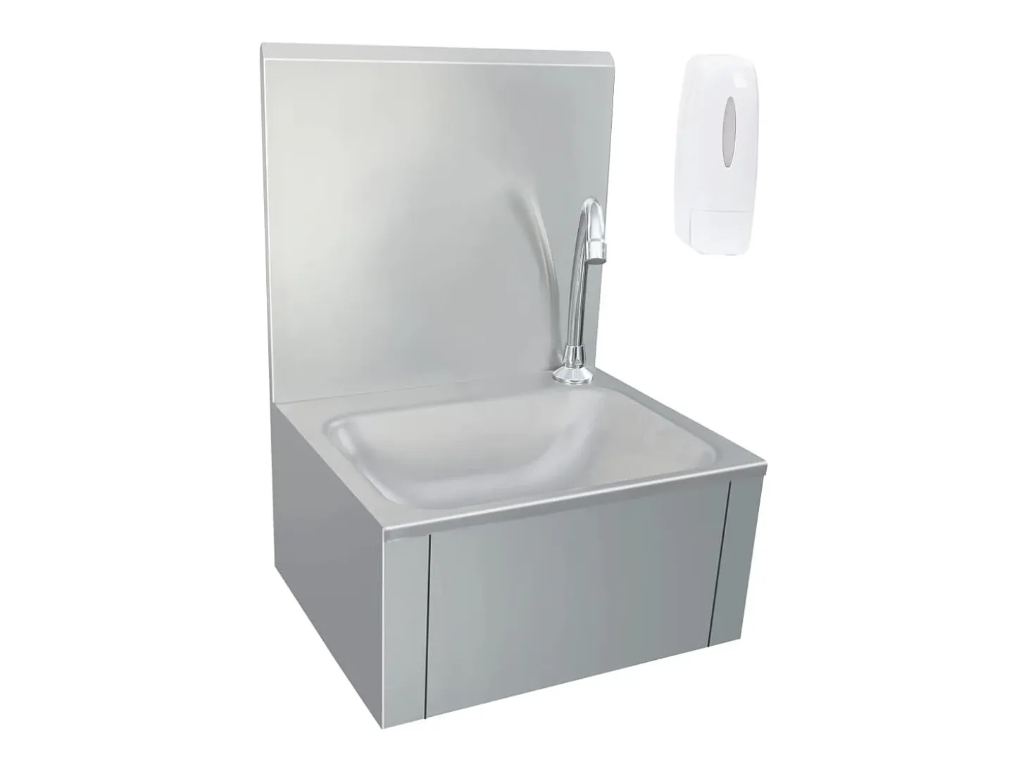 Lavabo de acero inoxidable con grifo y dispensador de jabón.