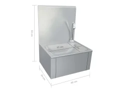 Lavabo de acero inoxidable con grifo y dispensador de jabón.
