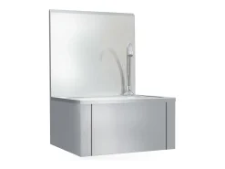 Lavabo de acero inoxidable con grifo y dispensador de jabón.