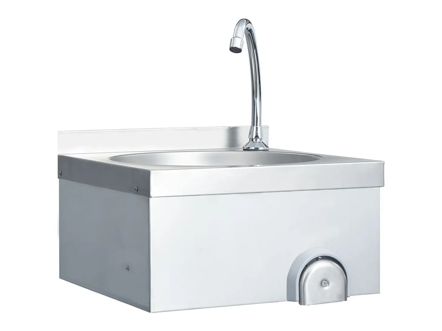 Lavabo de acero inoxidable con grifo y dispensador de jabón.