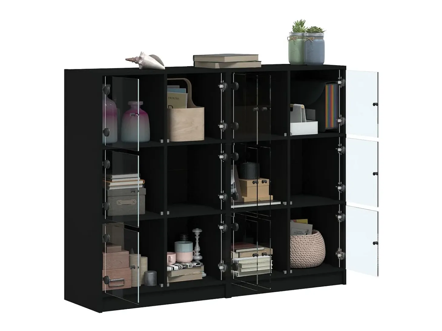 Librería con puertas negras 136x37x109 cm madera contrachapada