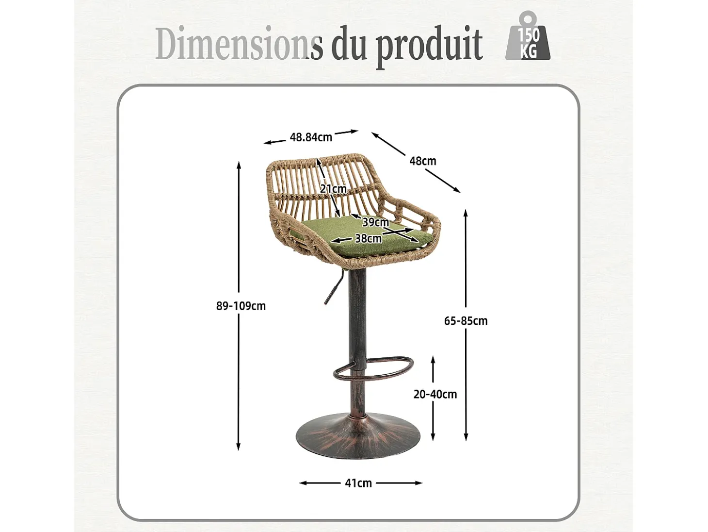 Lote de 2 Bancos Altos – Asiento de Lino Verde – Base Metálica Marrón – Diseño de Mimbre – Confort Óptimo