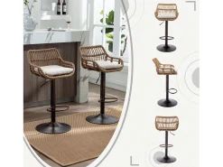 Lote de 2 Bancos Altos – Asiento de Lino Beige – Base Metálica Marrón – Diseño de Mimbre – Confort Óptimo