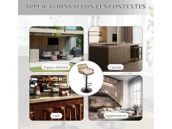 Lote de 2 Bancos Altos – Asiento de Lino Beige – Base Metálica Marrón – Diseño de Mimbre – Confort Óptimo