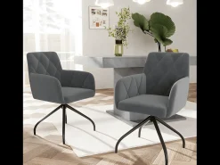 Lote de 4 sillas de comedor giratorias 360° con motivo de rombos, sillones tapizados, sillón moderno, terciopelo, gris antracita