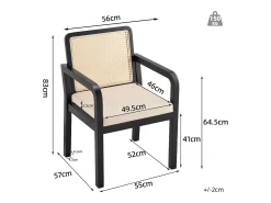 Lote de 6 sillas de comedor - cojín de asiento de terciopelo - con respaldo de ratán y patas de madera de hevea - Negro